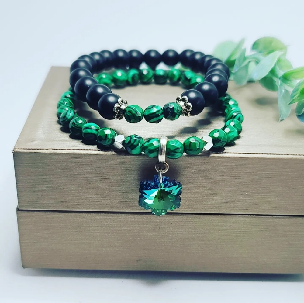 Malachite and Matte Black Agate Rhinestone charm set bracelets
